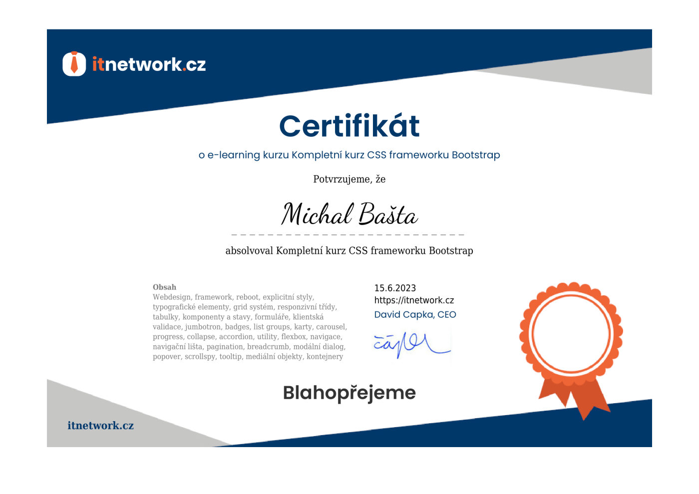 Certifikát CSS framework Bootstrap — itnetwork.cz